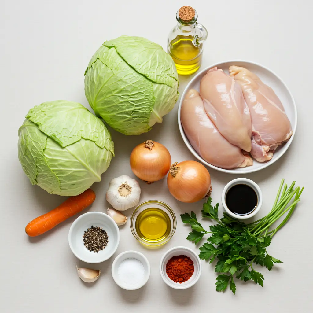 Fresh ingredients for a chicken and cabbage recipe, including raw chicken breasts, green cabbages, onions, garlic, olive oil, spices, soy sauce, a carrot, and fresh parsley arranged on a clean surface.