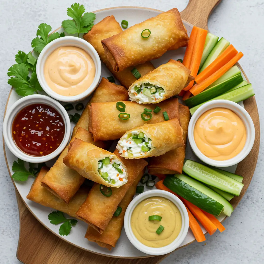 A plate of crispy goat cheese and jalapeño egg rolls served with colorful dipping sauces and fresh vegetable sticks.