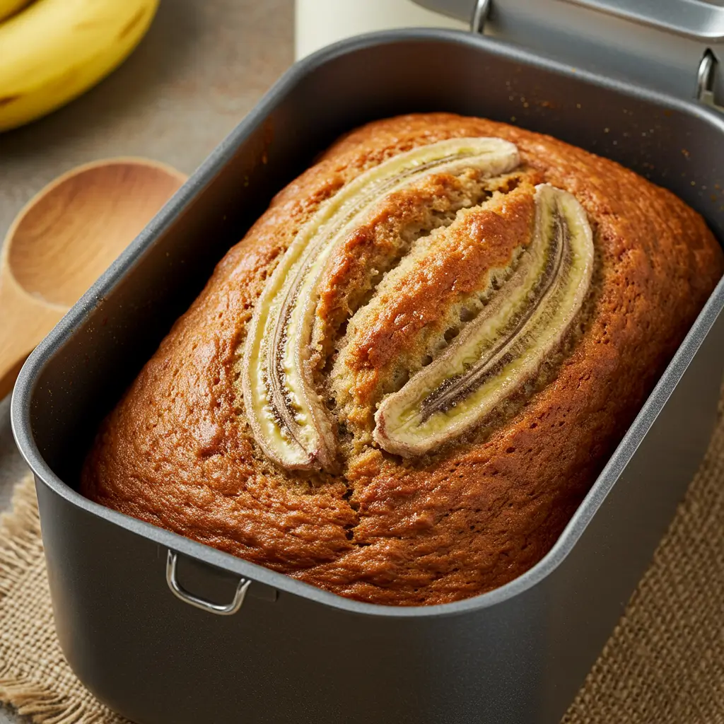 create alt, title, Caption and description for an image about: "bread machine banana bread"