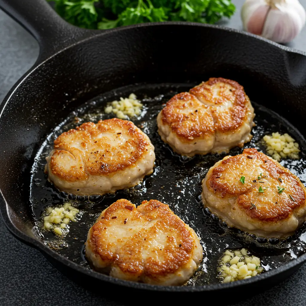 Close-up view of golden-brown sweetbreads frying in a cast-iron skillet.