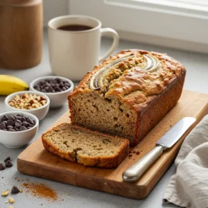 Freshly baked 3 ingredient banana bread on a wooden board, sliced to reveal its moist interior, surrounded by small bowls of chocolate chips, chopped nuts, and a steaming cup of coffee.