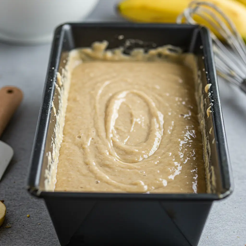 Banana bread batter poured into a black loaf pan, ready to be baked, with baking tools and bananas in the blurred background.