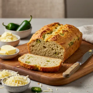 A loaf of vegan jalapeño cheese artisan bread on a wooden cutting board, with a slice cut to reveal its airy interior. Surrounding the bread are small bowls of vegan butter, shredded vegan cheese, and fresh jalapeños.