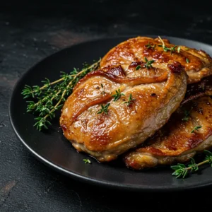 Glazed sweetbread meat garnished with fresh thyme on a black plate.