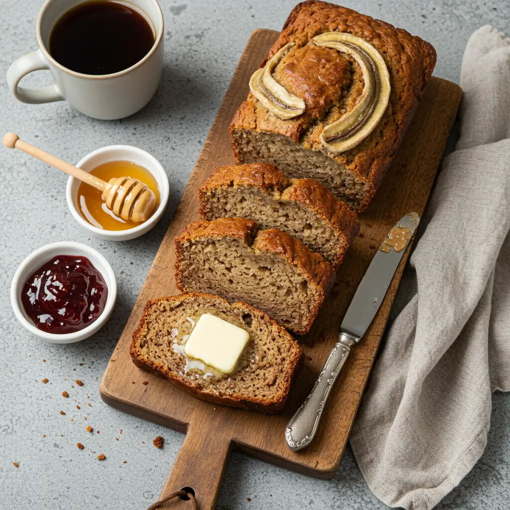 Banana bread batter poured into a black loaf pan, ready to be baked, with baking tools and bananas in the blurred background.