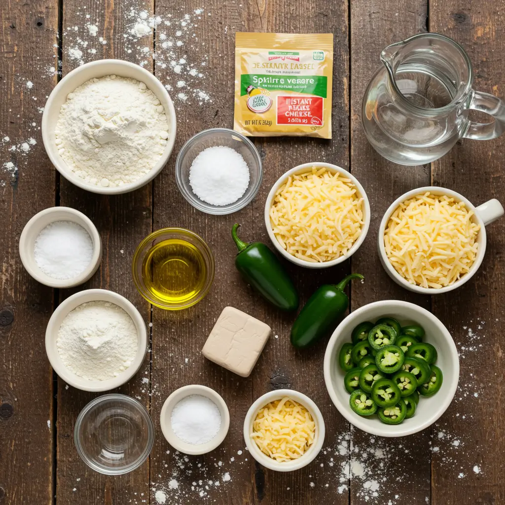 A flat-lay arrangement of ingredients for vegan jalapeño cheese artisan bread, including bowls of flour, salt, shredded vegan cheese, sliced jalapeños, olive oil, yeast, and a jug of water on a rustic wooden surface.