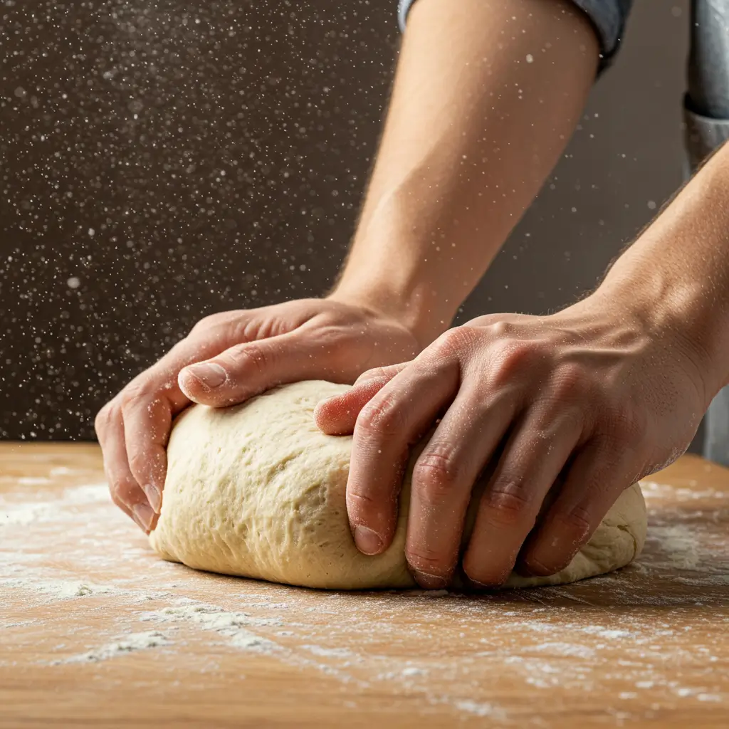 Hands kneading smooth batard bread dough on a lightly floured wooden surface, with flour particles in the air, capturing the artisanal bread-making process.