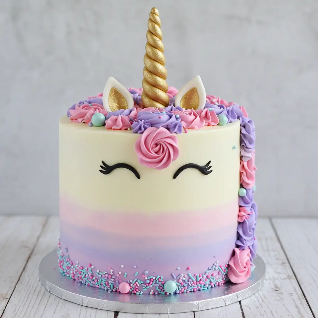 Beautiful Unicorn Cake with Pastel Pink and Purple Frosting