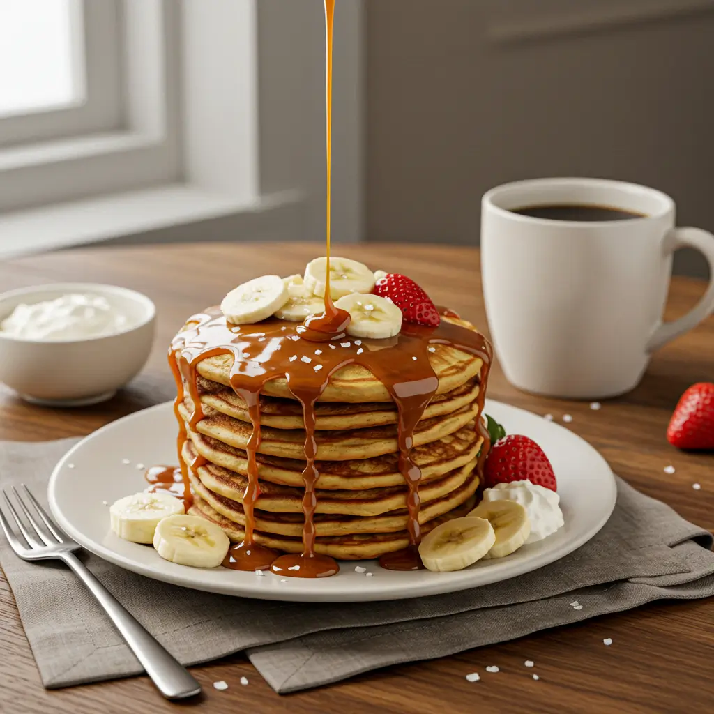 A stack of golden-brown Carmel Salt Pancakes drizzled with rich caramel sauce, topped with sliced bananas, strawberries, and flaky sea salt. A cup of coffee and a bowl of whipped cream sit on a rustic wooden table.