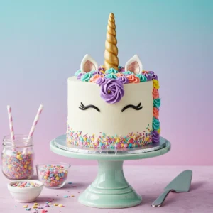 Colorful Unicorn Cake with Sprinkles and Golden Horn