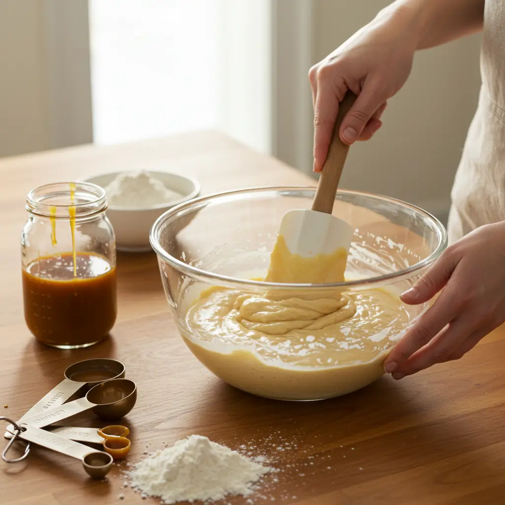 A person mixing a caramel salted pancake or waffle batter in a glass bowl with a spatula, surrounded by ingredients including flour, caramel sauce, and measuring spoons on a wooden countertop.