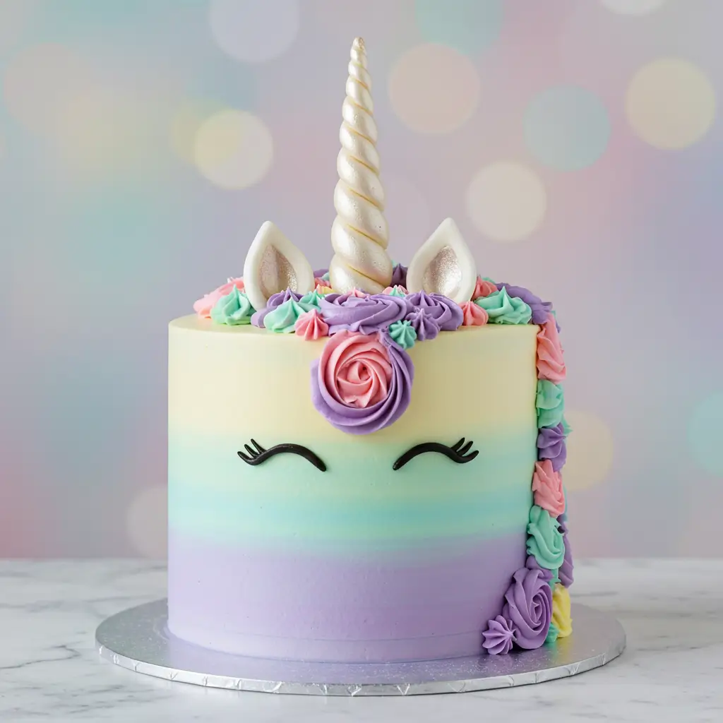 Unicorn Cake with Colorful Frosting and Golden Horn