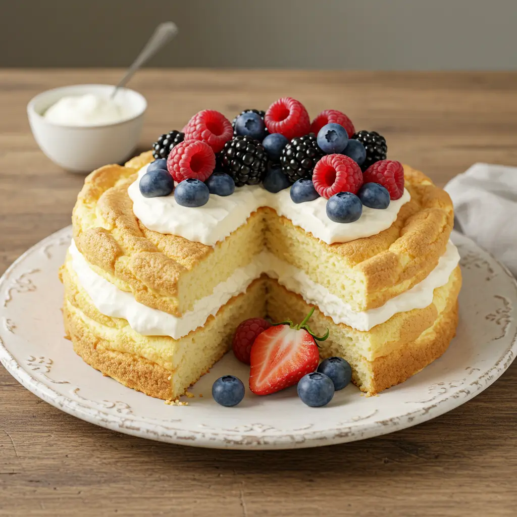 A beautifully sliced Cloud Cake topped with fresh berries and whipped cream, served on a rustic white plate with a side of whipped cream.