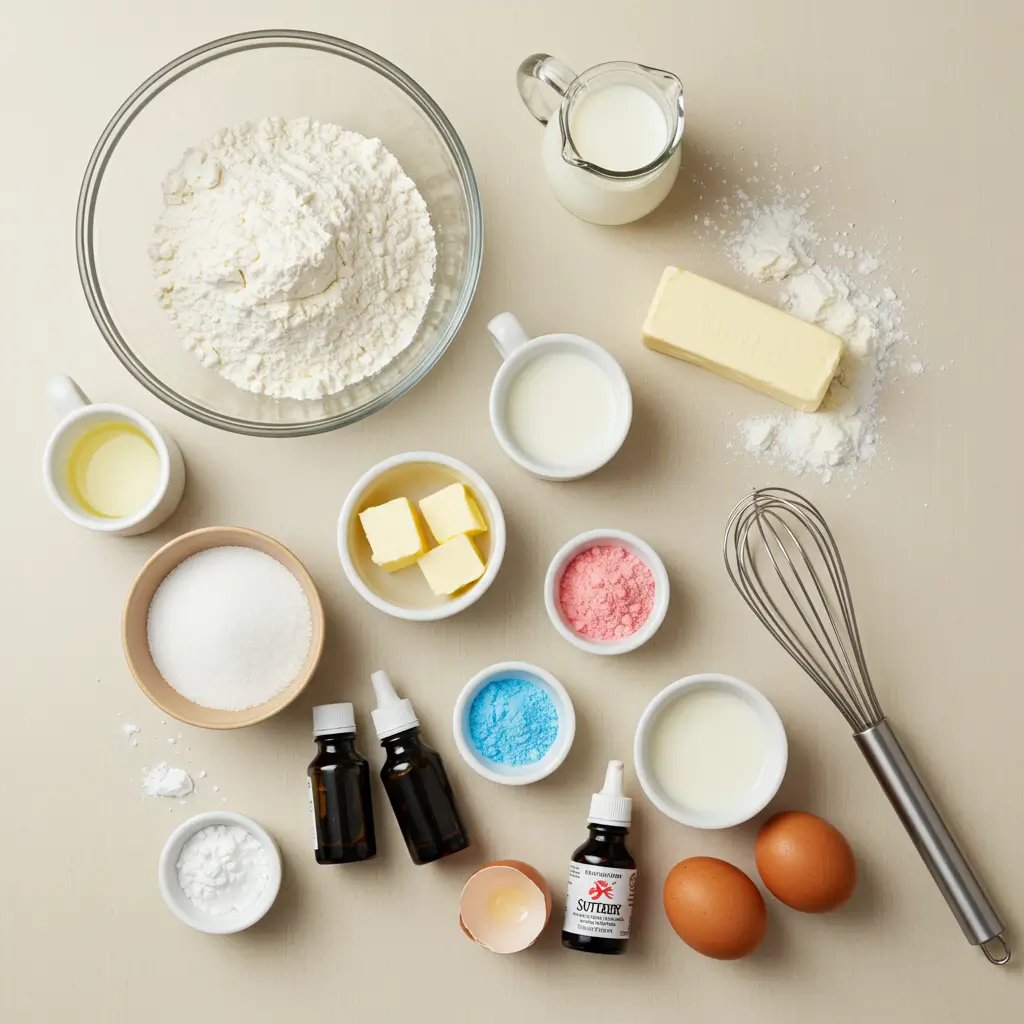  Ingredients for a gender reveal cake, including flour, butter, eggs, milk, sugar, food coloring, and other baking essentials arranged neatly on a beige surface.