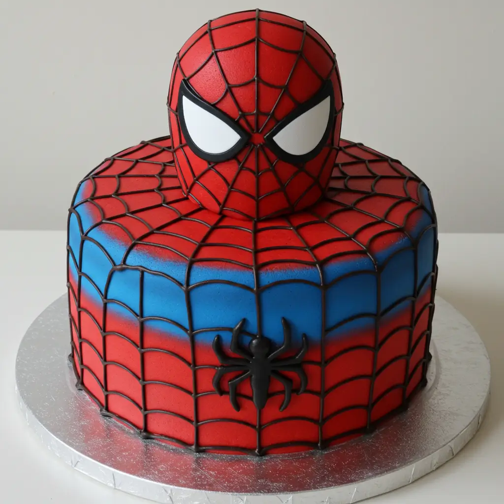 Spiderman Cake featuring vibrant red and blue icing with a detailed spider web design.