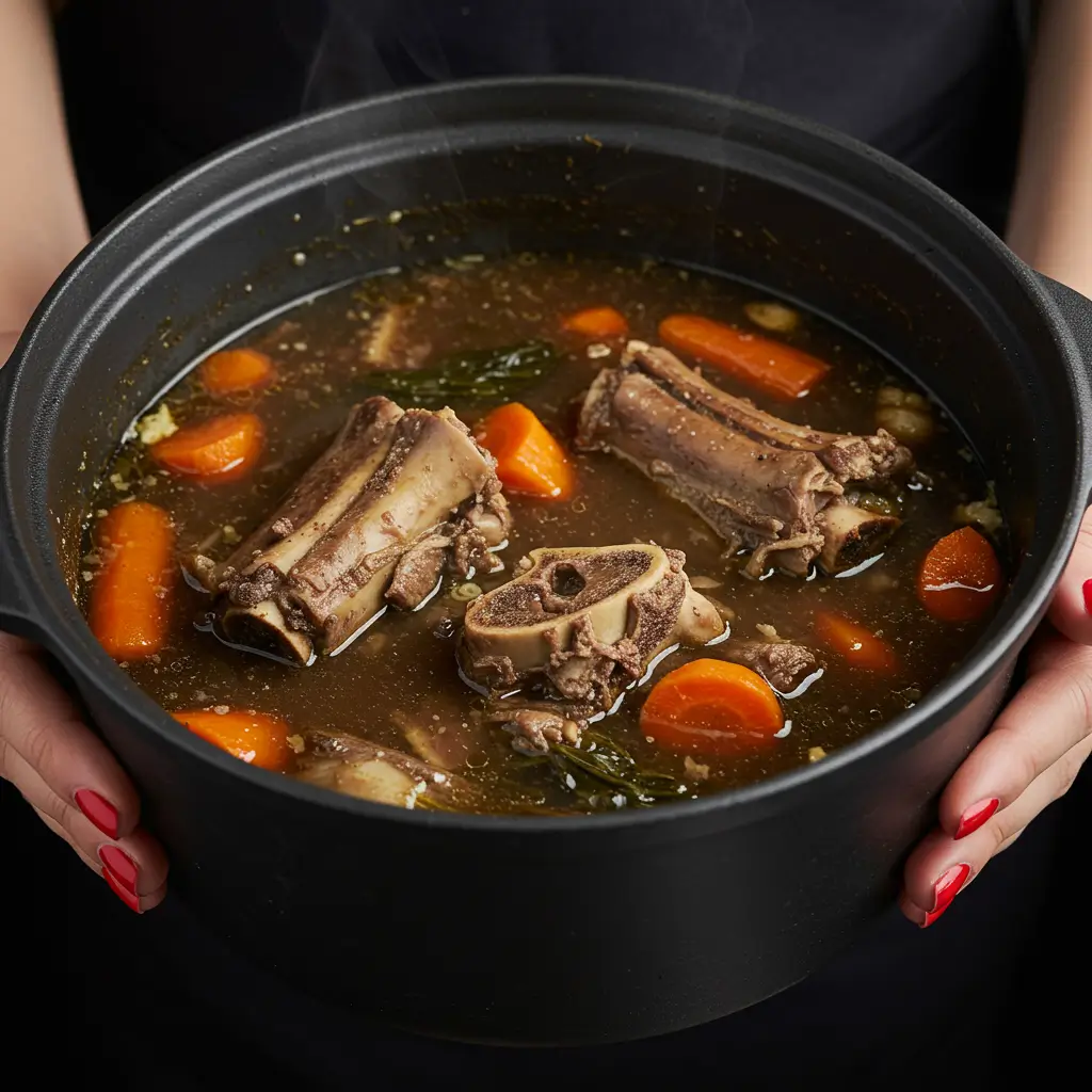 A close-up shot of a hearty soup with bone marrow and carrots in a black pot, held by hands with red nails.