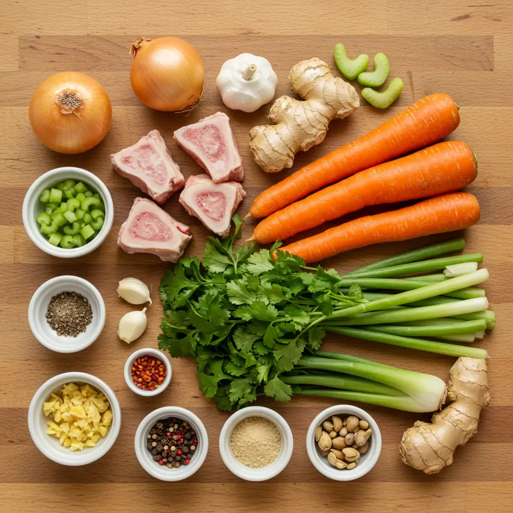 A flat lay of ingredients for making bone soup, including bones, carrots, celery, onions, garlic, ginger, and spices.