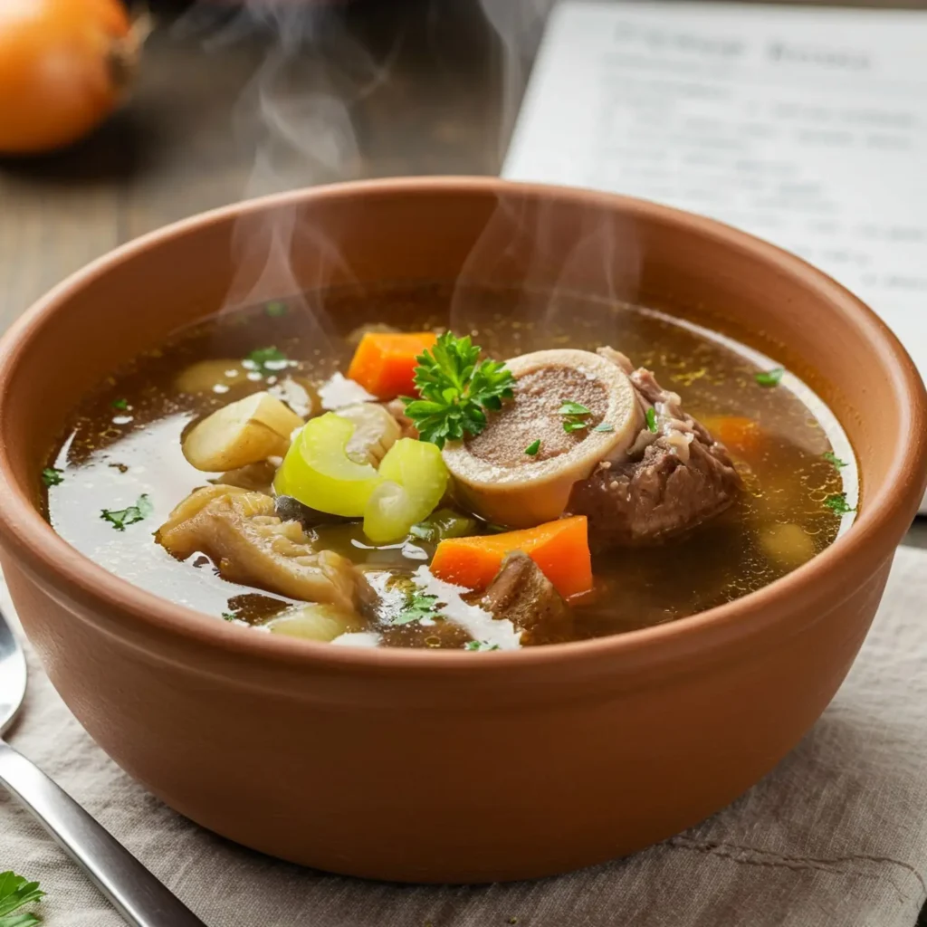 A steaming bowl of bone soup with vegetables like carrots, celery, and potatoes, garnished with fresh parsley.