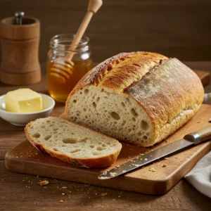 A freshly baked batard bread with a golden-brown crust and airy interior, placed on a wooden cutting board. A slice is cut, revealing the soft crumb. Nearby, a butter dish, honey jar, and a bread knife add warmth to the rustic kitchen setting.