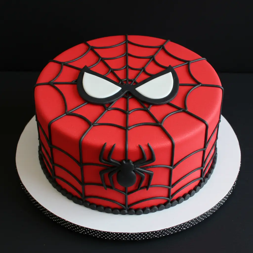 Spider-Man themed cake with red fondant and black spider web details