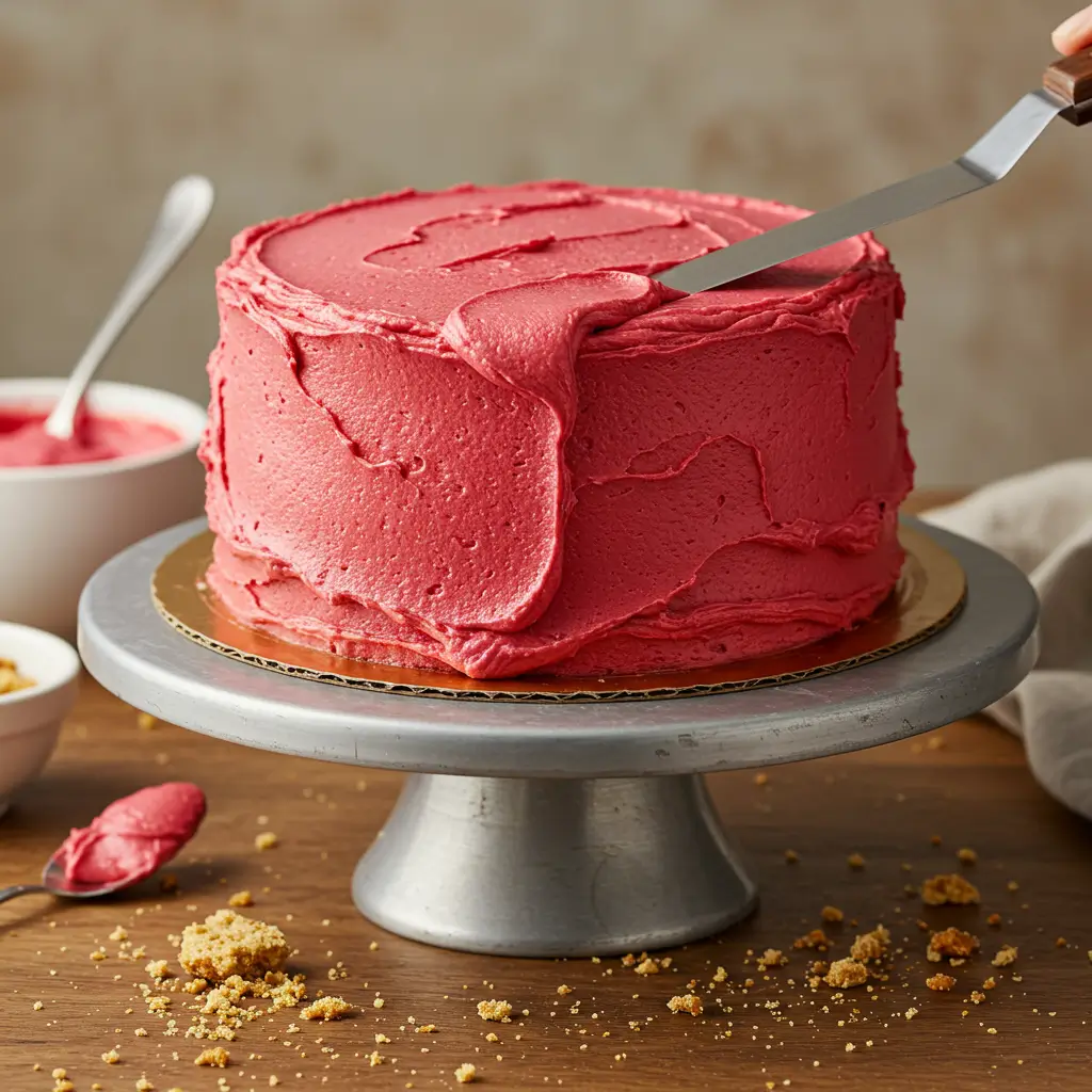 Spreading pink frosting on a cake with a spatula