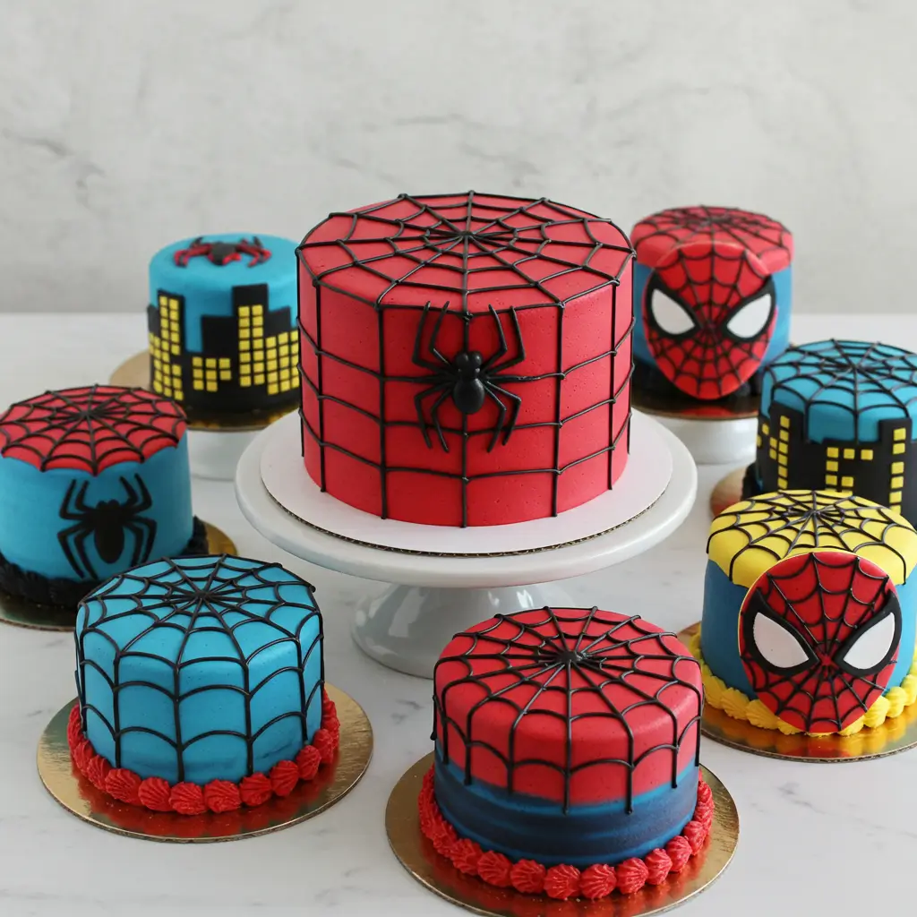 Spider-Man themed cakes with red and blue frosting, spider webs, and Spider-Man face designs