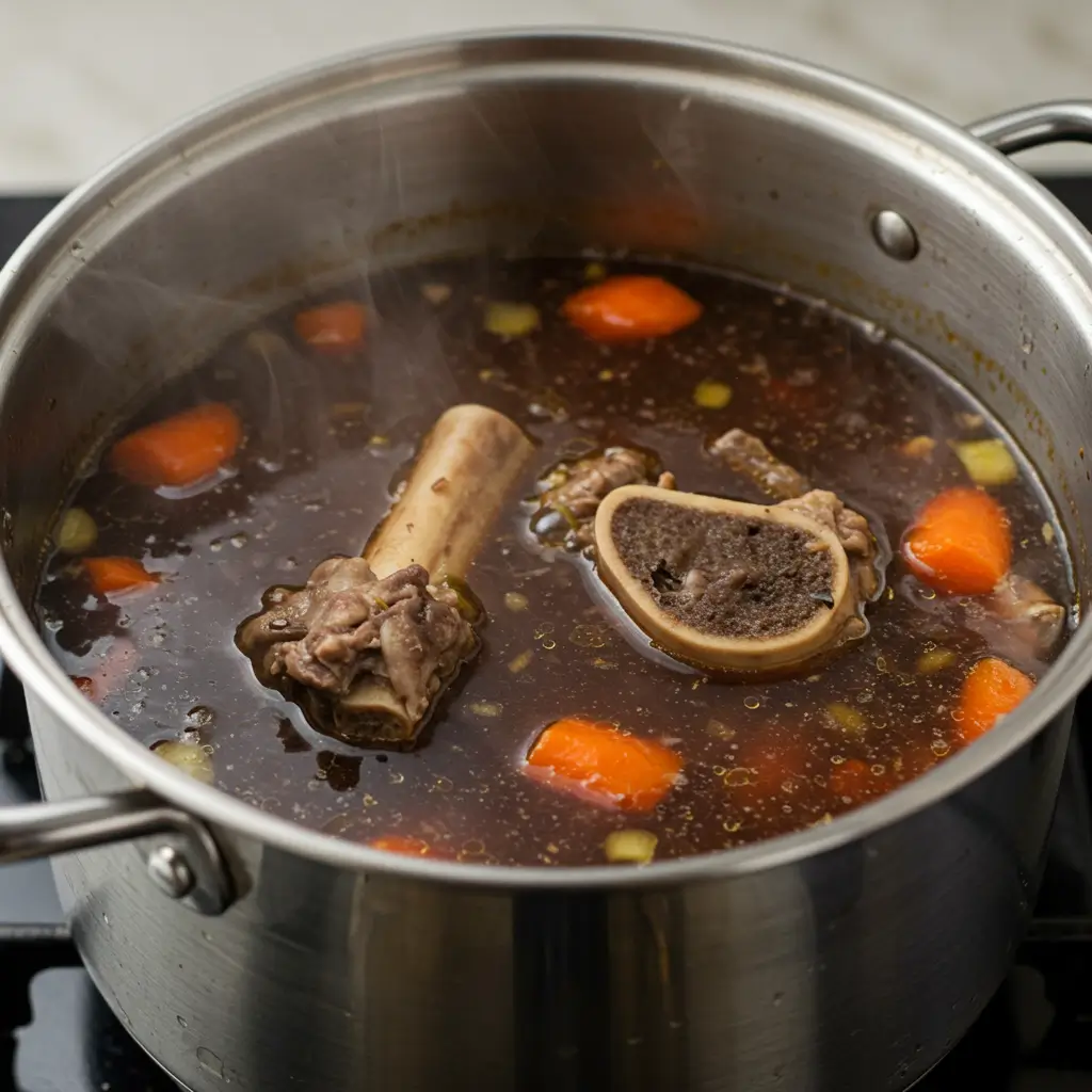 A pot of simmering bone soup with carrots and bones, gently bubbling on the stove.