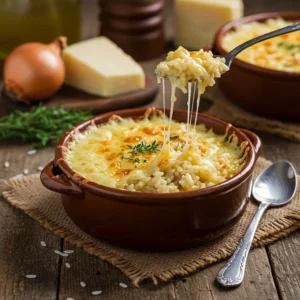 A serving of creamy French onion soup rice topped with melted cheese and garnished with fresh thyme, served in a brown ceramic dish.