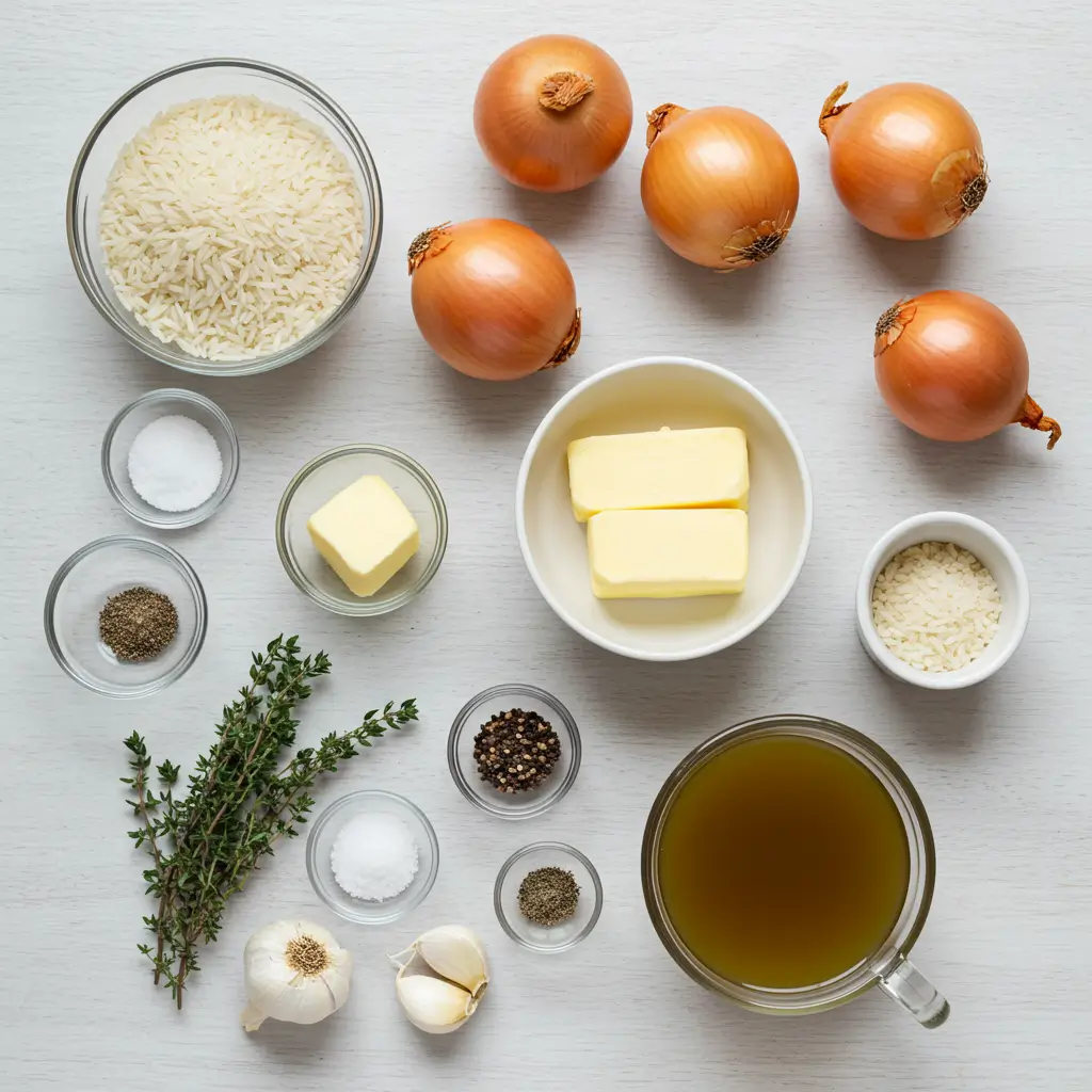 A flat lay of ingredients for French Onion Soup Rice, including rice, onions, garlic, butter, broth, thyme, and seasonings.