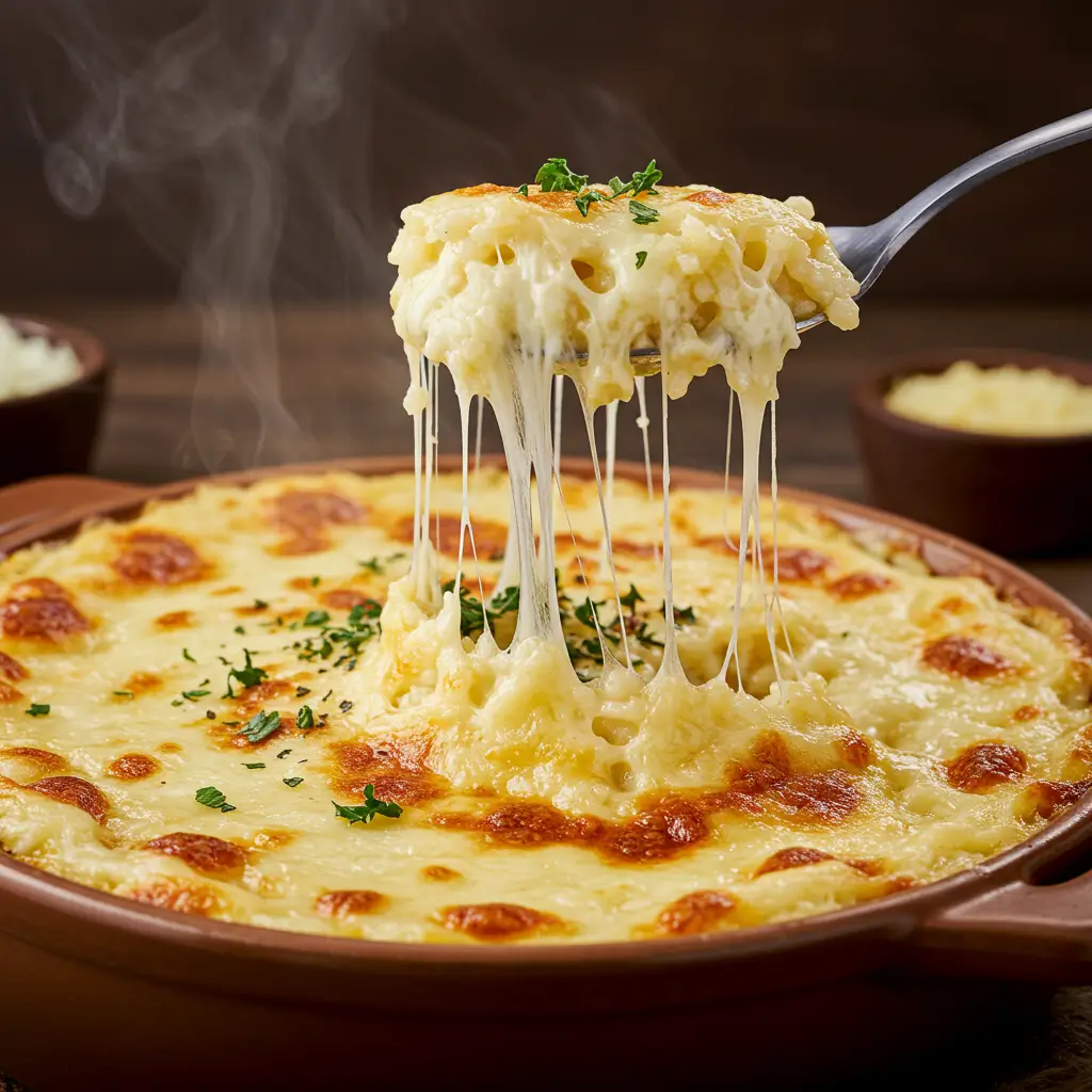 A steaming bowl of French Onion Soup Rice topped with melted cheese and garnished with parsley.