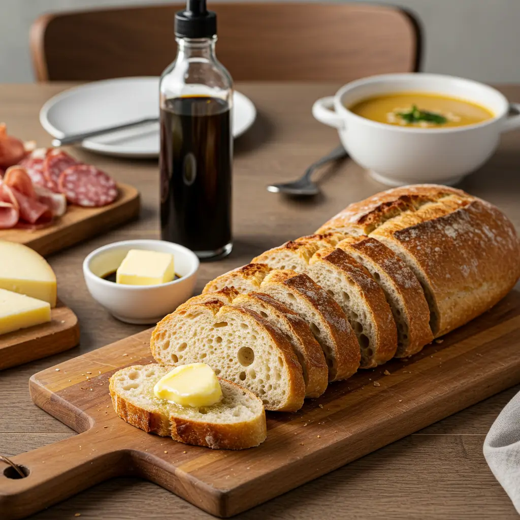 A sliced batard bread loaf on a wooden cutting board, served with butter, balsamic vinegar, a charcuterie board, and a bowl of soup in a cozy dining setup.