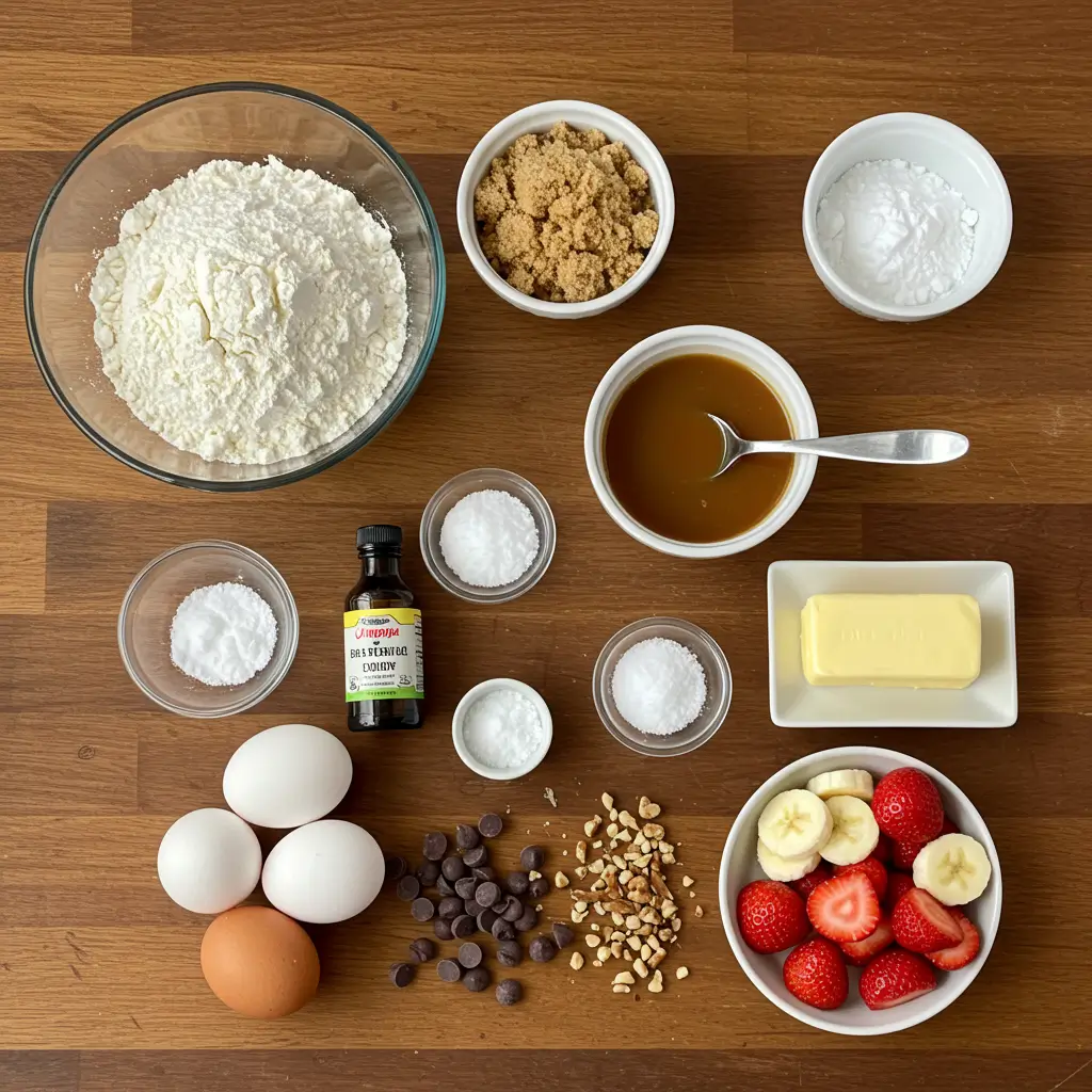 A neatly arranged flat lay of ingredients for caramel salt pancakes, including flour, brown sugar, baking powder, baking soda, flaky sea salt, buttermilk, eggs, butter, vanilla extract, caramel sauce, and optional toppings like strawberries, bananas, chocolate chips, and chopped nuts.