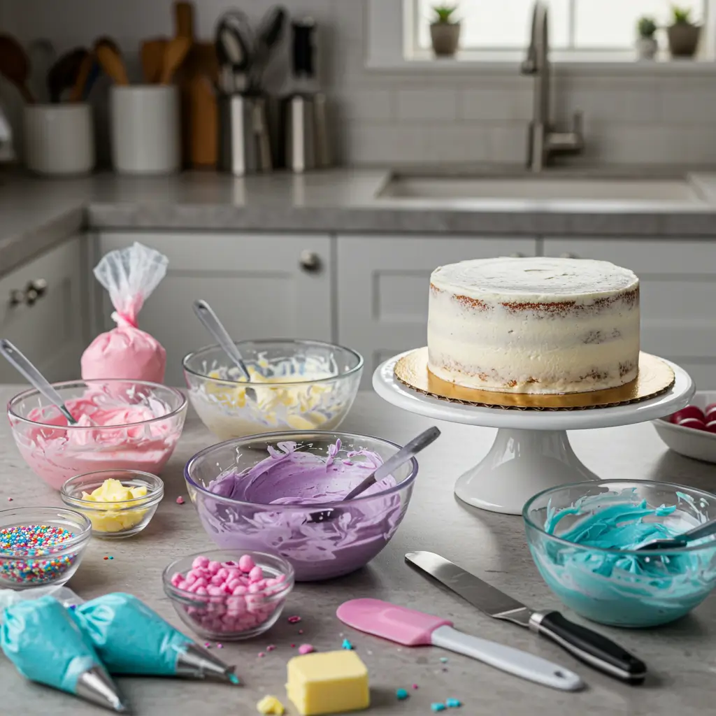 Preparing Unicorn Cake with Colorful Frosting in Kitchen