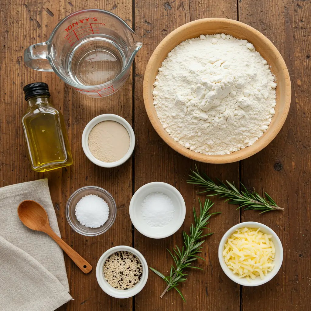 A rustic flat lay of fresh ingredients for homemade batard bread, including bread flour, instant yeast, salt, warm water, olive oil, sesame seeds, shredded cheese, and fresh rosemary, arranged on a wooden surface with a linen cloth and wooden spoon.