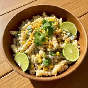 A vibrant bowl of elote pasta salad featuring spiral pasta, sweet corn, lime slices, and fresh cilantro, garnished with a sprinkle of paprika.