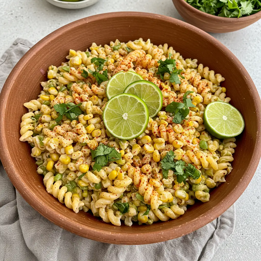 A close-up of elote pasta salad in a rustic bowl, featuring spiral pasta, sweet corn, fresh cilantro, and lime slices, sprinkled with paprika.