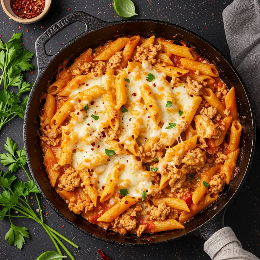 A skillet filled with cheesy ground chicken pasta topped with melted cheese, fresh thyme, and chili flakes, garnished with parsley on the side.