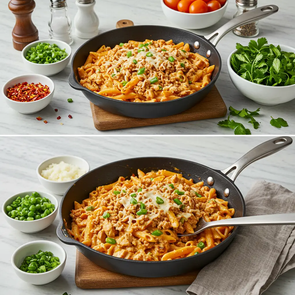 A skillet filled with cheesy ground chicken pasta topped with melted cheese and garnished with chopped green onions. Surrounding the skillet are fresh herbs, grated cheese, chili flakes, and other garnishes, showcasing the final presentation of a one-skillet cheesy chicken pasta recipe.