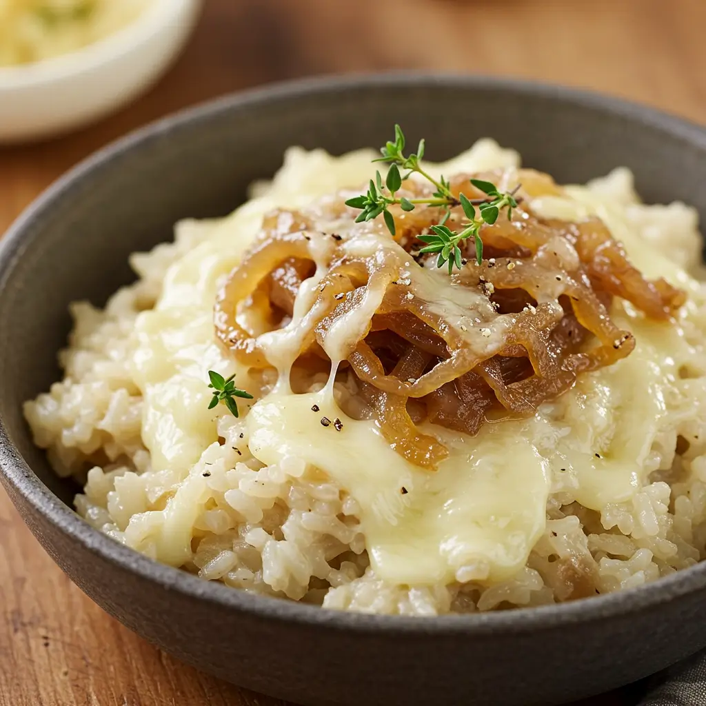 A close-up of a bowl of French Onion Soup Rice topped with melted cheese, caramelized onions, and fresh thyme.