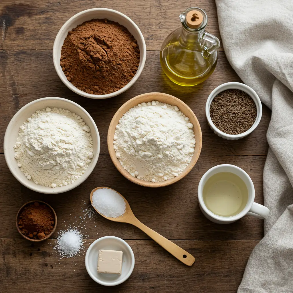 A rustic flat lay of ingredients for marble rye bread, including bowls of rye flour, all-purpose flour, cocoa powder, caraway seeds, active dry yeast, sugar, salt, olive oil, and warm water on a wooden surface with a linen cloth.