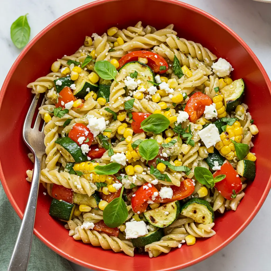 A colorful bowl of elote pasta salad with spiral pasta, corn, zucchini, red peppers, and feta cheese, garnished with fresh basil.