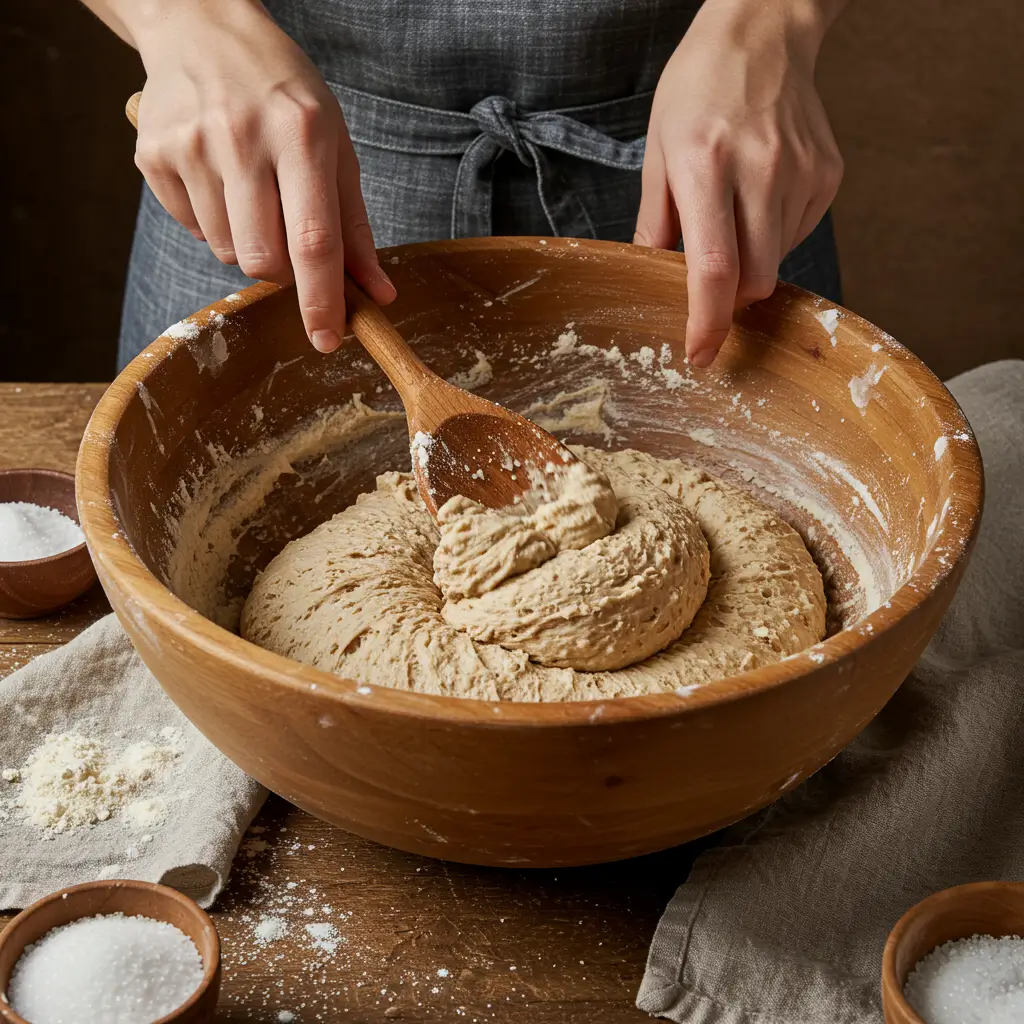 Hands mixing marble rye bread dough in a large wooden bowl using a wooden spoon, with flour and ingredients scattered on a rustic wooden surface.