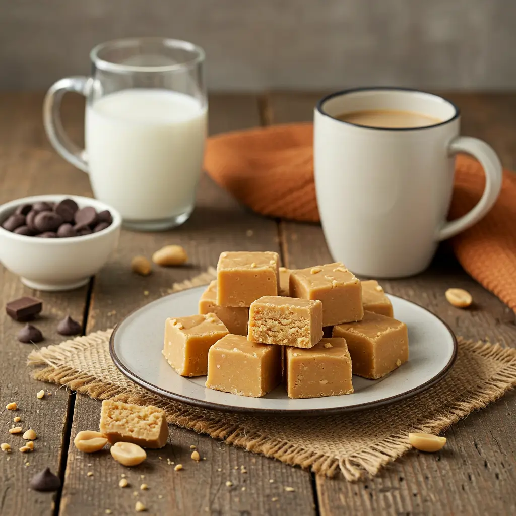 A plate of 3 Ingredient Peanut Butter Fudge cubes, with one cube broken open to show the creamy interior. The fudge is surrounded by a cup of coffee, a glass of milk, and scattered chocolate chips and peanuts on a wooden table.