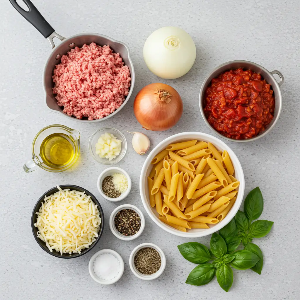 Ingredients for a one-skillet cheesy ground chicken pasta recipe, including ground chicken, pasta, diced tomatoes, onions, garlic, olive oil, shredded cheese, and fresh basil leaves, arranged neatly on a countertop.