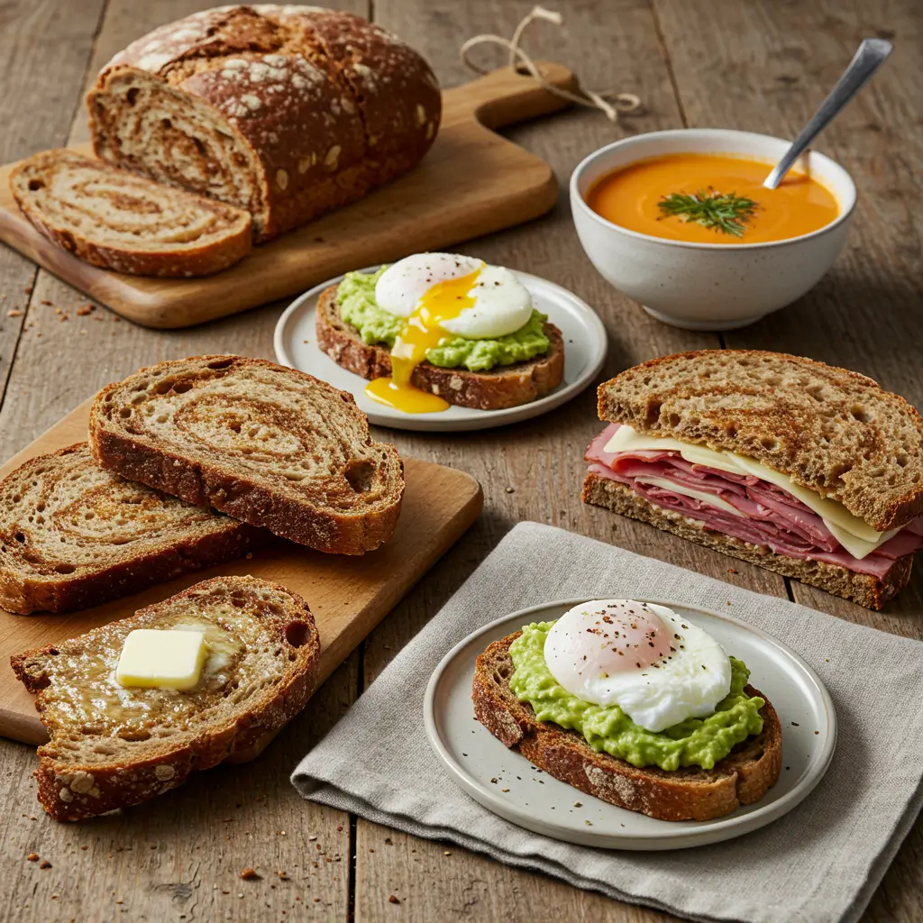 A rustic wooden table featuring marble rye bread served in various ways, including buttered toast, avocado with poached eggs, a deli sandwich, and a side of tomato soup.