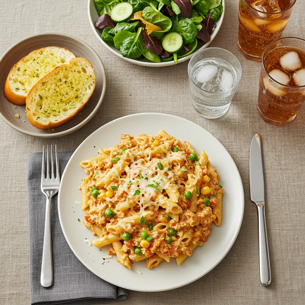 A plate of one-skillet cheesy ground chicken pasta served with peas and corn, garnished with fresh herbs, alongside garlic bread, a fresh green salad, and iced tea on a neatly set dining table.