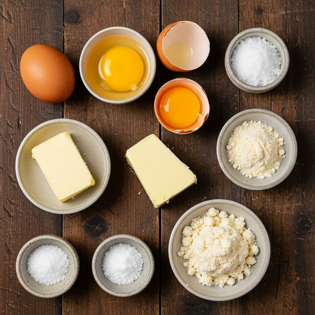 A top-down view of carnivore bread ingredients, including whole eggs, cracked egg yolks, butter, unflavored gelatin, and sea salt, arranged in small ceramic bowls on a rustic wooden surface.