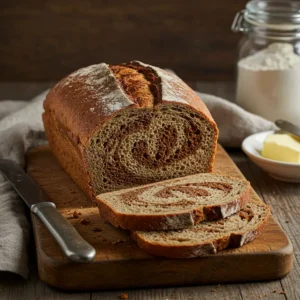 Freshly baked marble rye bread on a wooden cutting board, with a few slices showing its beautiful swirled pattern. A knife, butter dish, and a jar of flour sit nearby, creating a cozy kitchen scene.