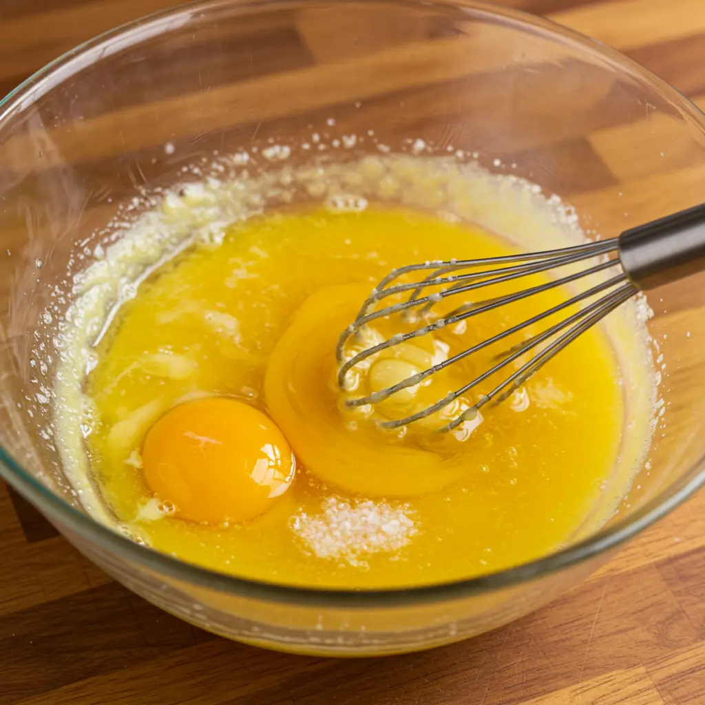 A glass mixing bowl with egg yolks, melted butter, and sea salt being whisked together, creating a smooth and creamy mixture for carnivore bread preparation.