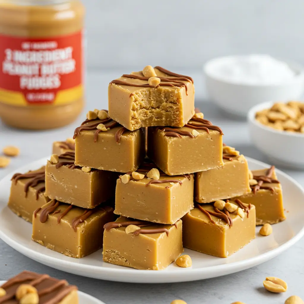 A plate of 3 Ingredient Peanut Butter Fudge cubes drizzled with melted chocolate and topped with chopped peanuts, with one cube showing its creamy interior.